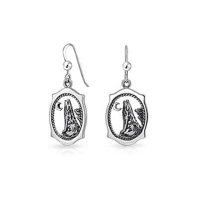 Bling Jewelry Oval Animal Totem Amulet Wicca Jewelry Crescent Moon And Stars Werewolf Celestial Howling Wolf Dangling Earrings Oxidized Sterling Silve