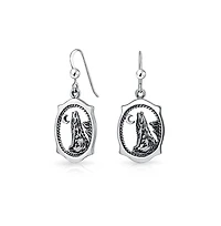 Bling Jewelry Oval Animal Totem Amulet Wicca Jewelry Crescent Moon And Stars Werewolf Celestial Howling Wolf Dangling Earrings Oxidized Sterling Silve