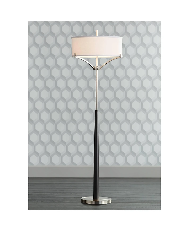 360 Lighting Avery Modern Shabby Chic Standing Floor Lamp 62" Tall Black Brushed Nickel Silver White Linen Fabric Drum Shade Decor for Living Room Rea