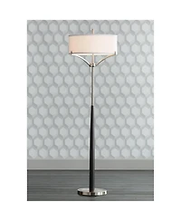 360 Lighting Avery Modern Shabby Chic Standing Floor Lamp 62" Tall Black Brushed Nickel Silver White Linen Fabric Drum Shade Decor for Living Room Rea
