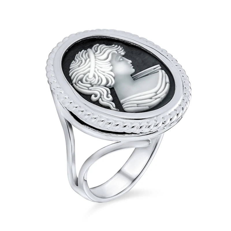 Bling Jewelry Classic Antique Victorian Style Framed Portrait Black White Oval Carved Cameo Ring Sterling Silver