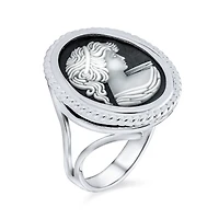 Bling Jewelry Classic Antique Victorian Style Framed Portrait Black White Oval Carved Cameo Ring Sterling Silver