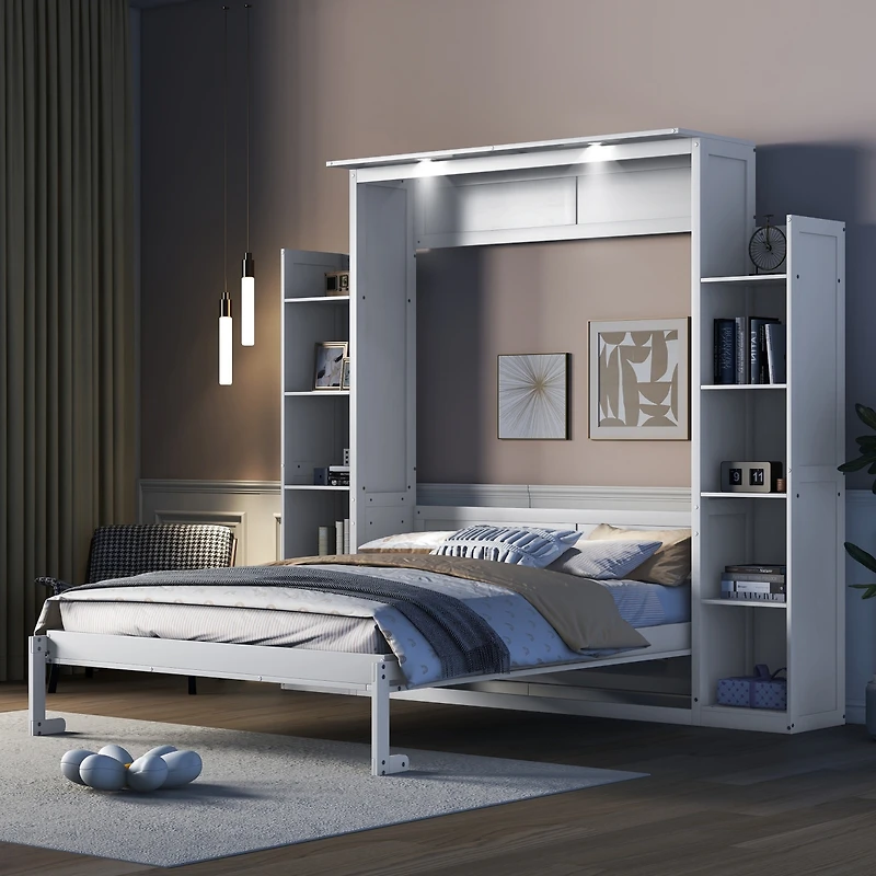 Streamdale Queen Murphy Bed Wall with Shelves and Led Lights, White