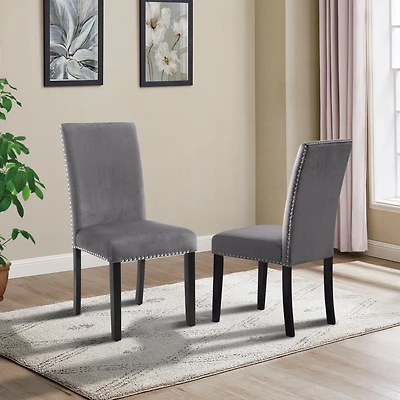 Contemporary Velvet Dining Chair with Nailhead Trim, Set of 2, Gray