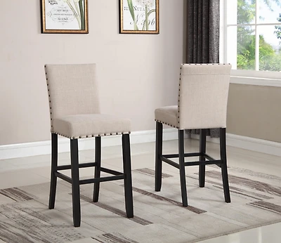 Fabric Bar Stools with Nailhead Trim, Set of 2, Tan