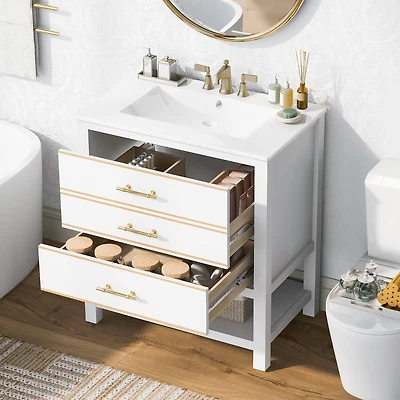 Streamdale White Bathroom Vanity with Modern Open Storage and Drawers (30 Inch)