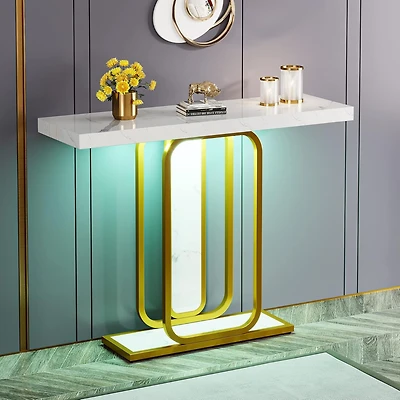 Tribesigns Modern Gold White Console Table with Led Lights, 41.3 Inch Entryway Hallway Foyer Accent Table with Faux Marble Veneer for Living Room, Ent