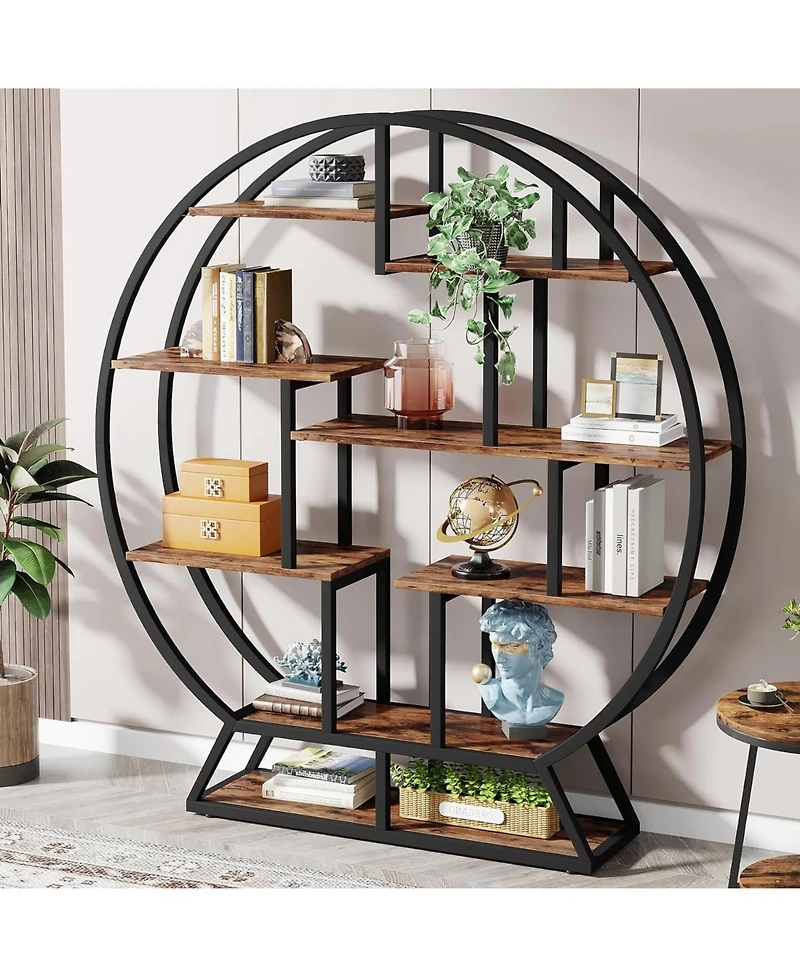 Tribesigns Bookshelf, Round Bookshelves Etagere Bookcase, 63 Inch Industrial Wood Book Shelf with Staggered Shelves, Rustic Open Shelving Organizer Ra