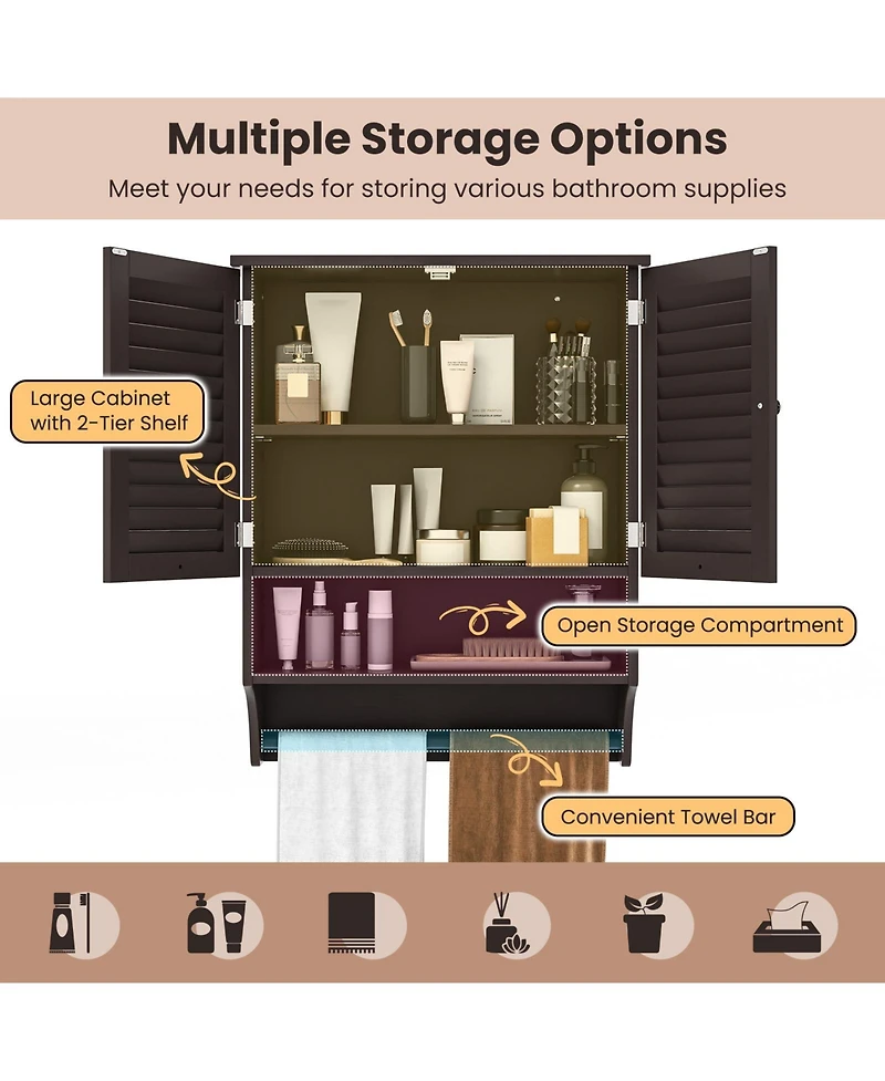 2-Doors Bathroom Wall-Mounted Medicine Cabinet with Towel Bar-Brown