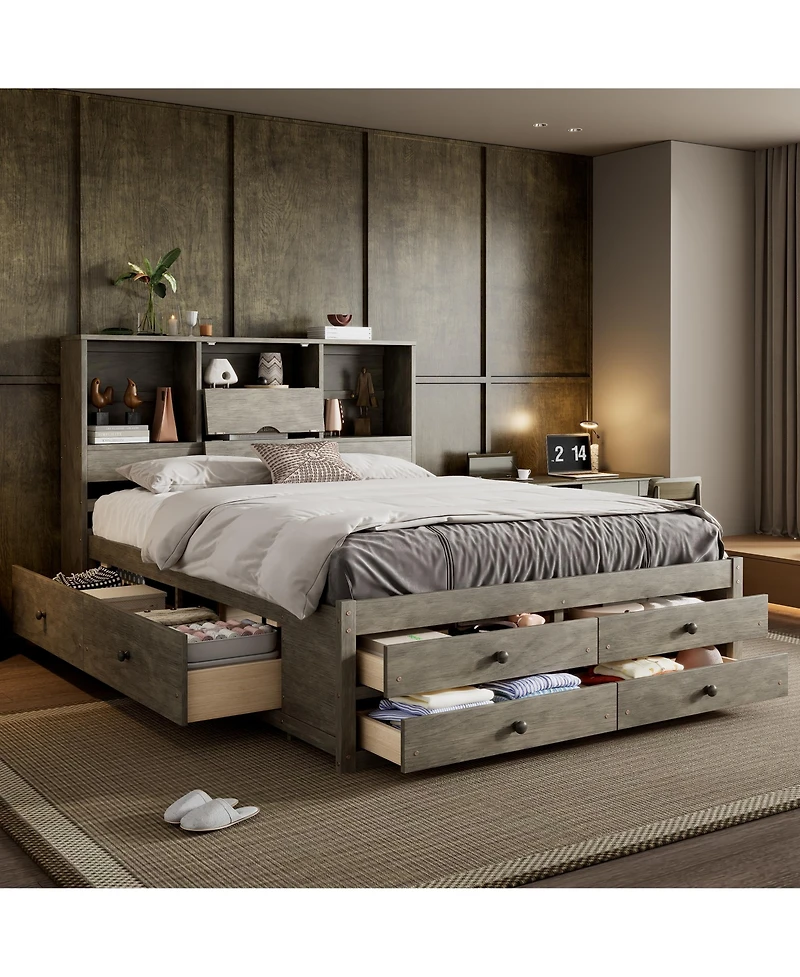 Streamdale Queen Platform Bed with Storage Headboard and 8 Drawers, White