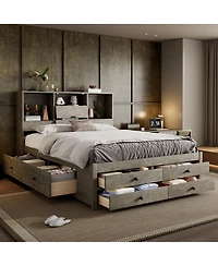 Streamdale Queen Platform Bed with Storage Headboard and 8 Drawers, White