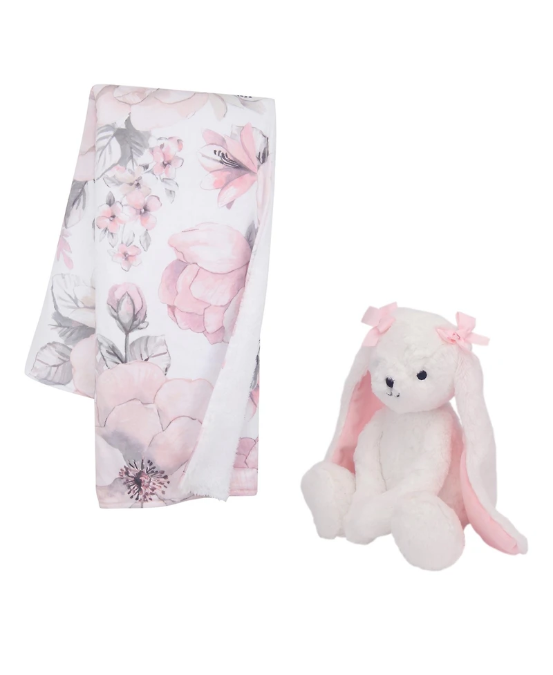 Lambs & Ivy Floral Blanket & White Plush Bunny Stuffed Animal Toy Baby Gift Set