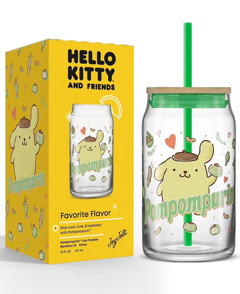 JoyJolt Hello Kitty and Friends Favorite Flavor Pompompurin Can Shaped Glass Tumbler with Wood Lid and Straw