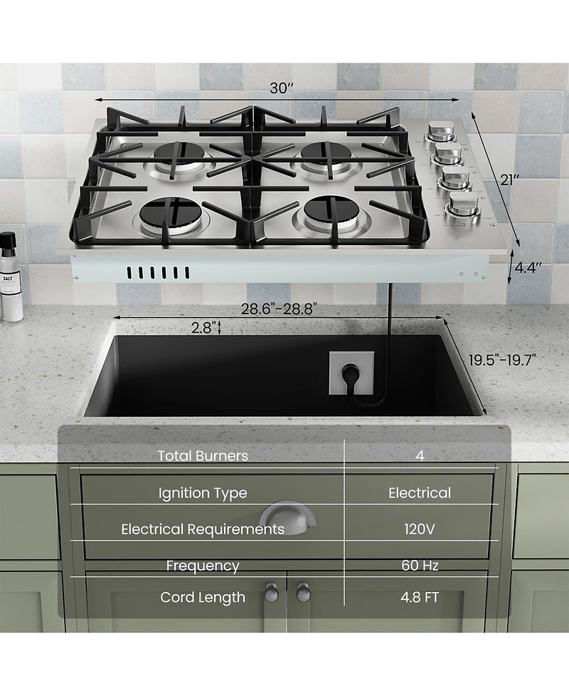 Sugift 30 Inch Gas Cooktop with 4 Powerful Burners and Abs Knobs
