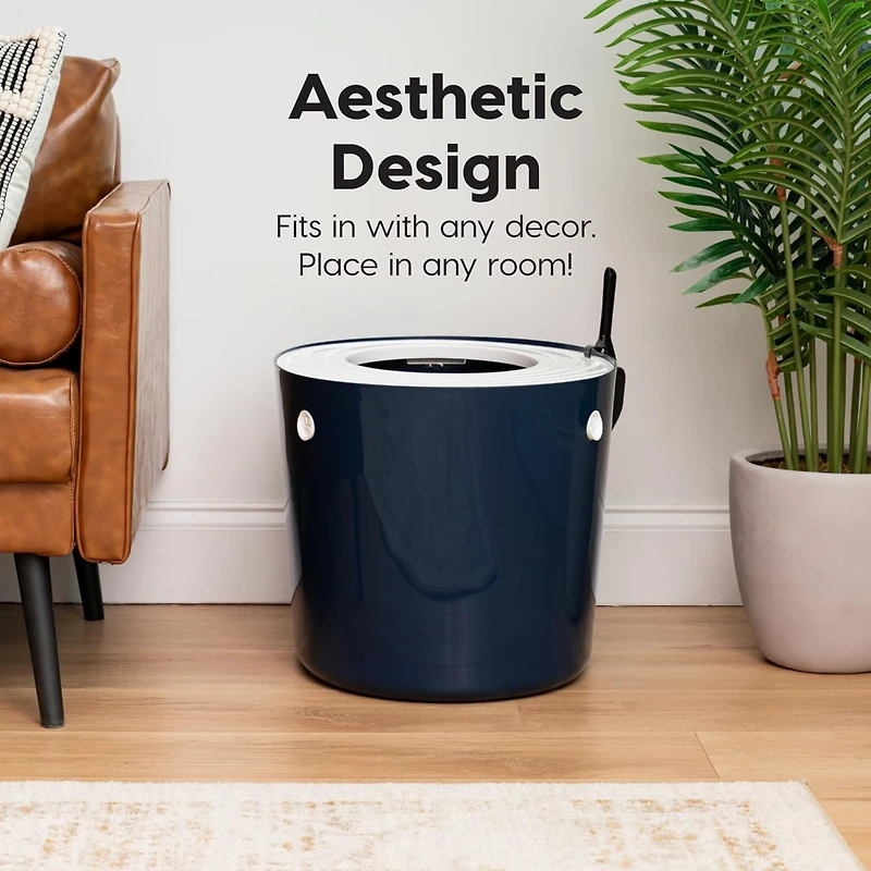 Iris Usa Large Stylish Round Top Entry Cat Litter Box with Scoop, Curved Kitty Litter Pan with Litter Particle Catching, Navy/White