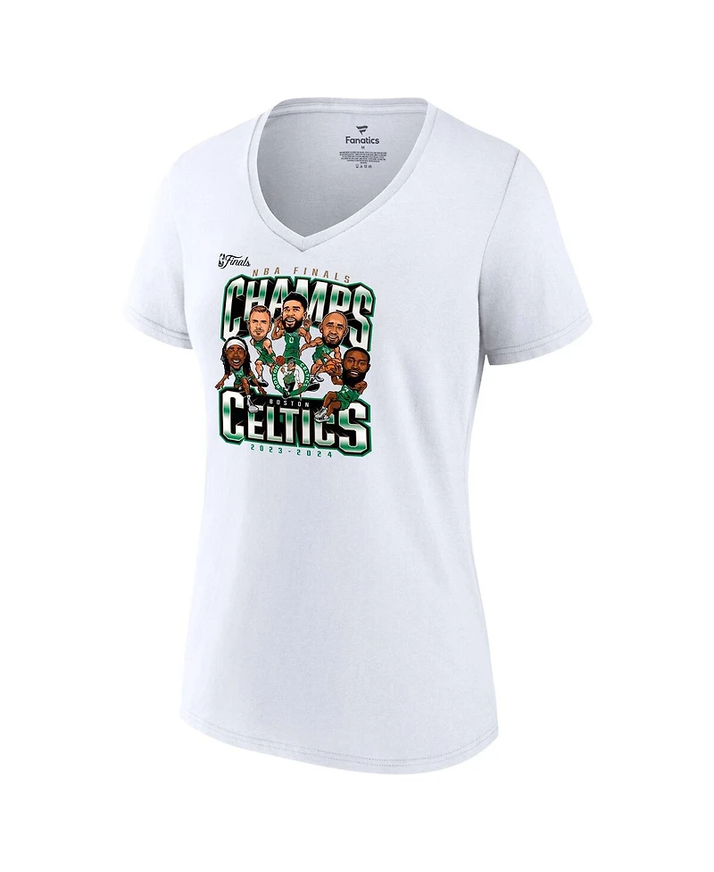 Fanatics Women's White Boston Celtics 2024 Nba Finals Champions Pull Up Jumper Caricature V-Neck T-Shirt