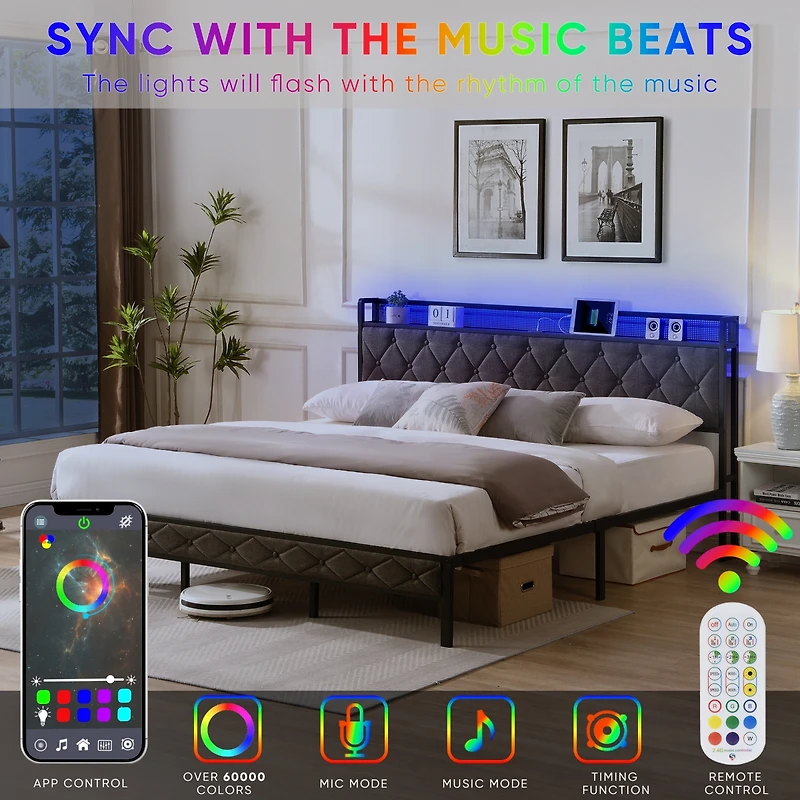 Streamdale Upholstered King Bed with Storage, Charging Station, and Led Lights