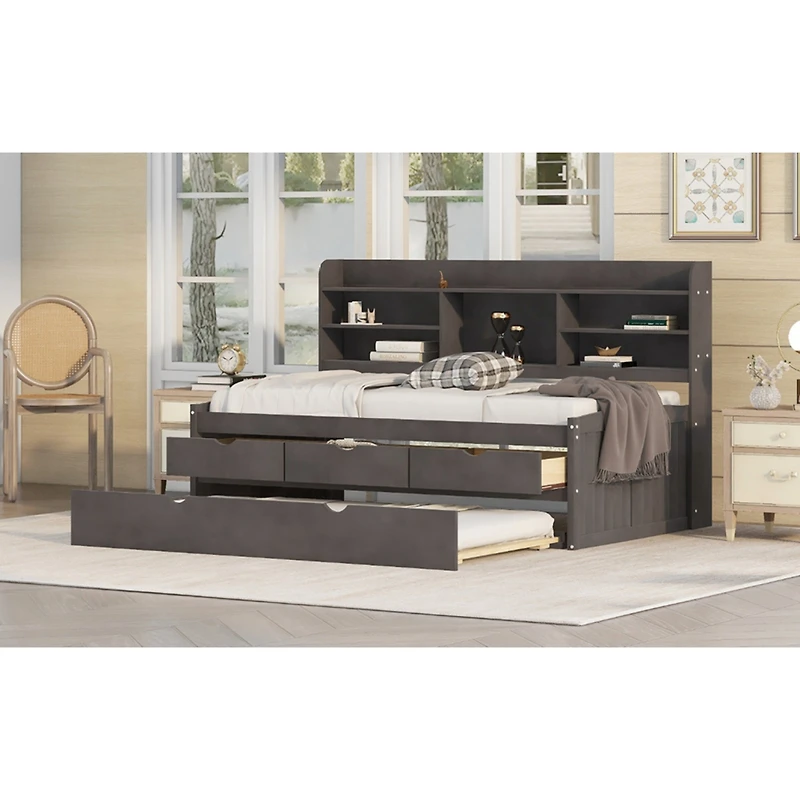 Simplie Fun Twin Size Wooden Captain Bed With Built-In Bookshelves, Three Storage Drawers And Trundle