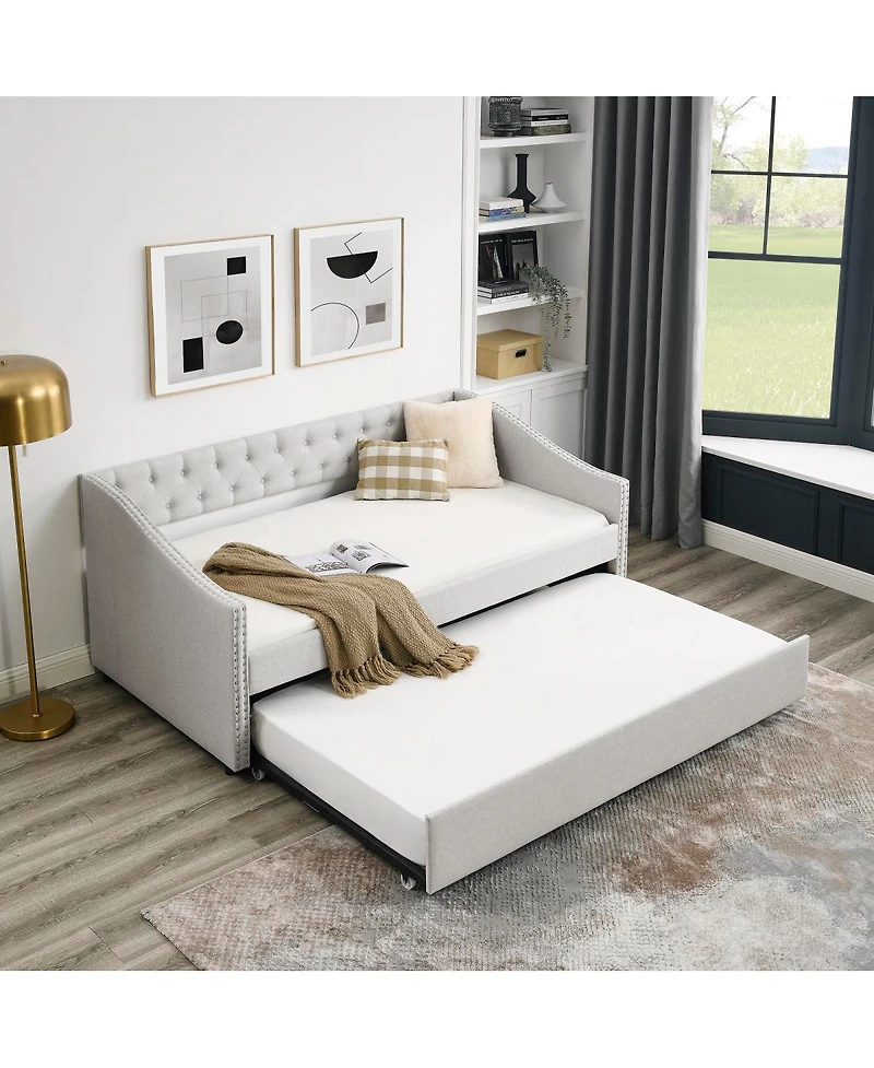 Simplie Fun Upholstered Twin Daybed with Trundle, Beige