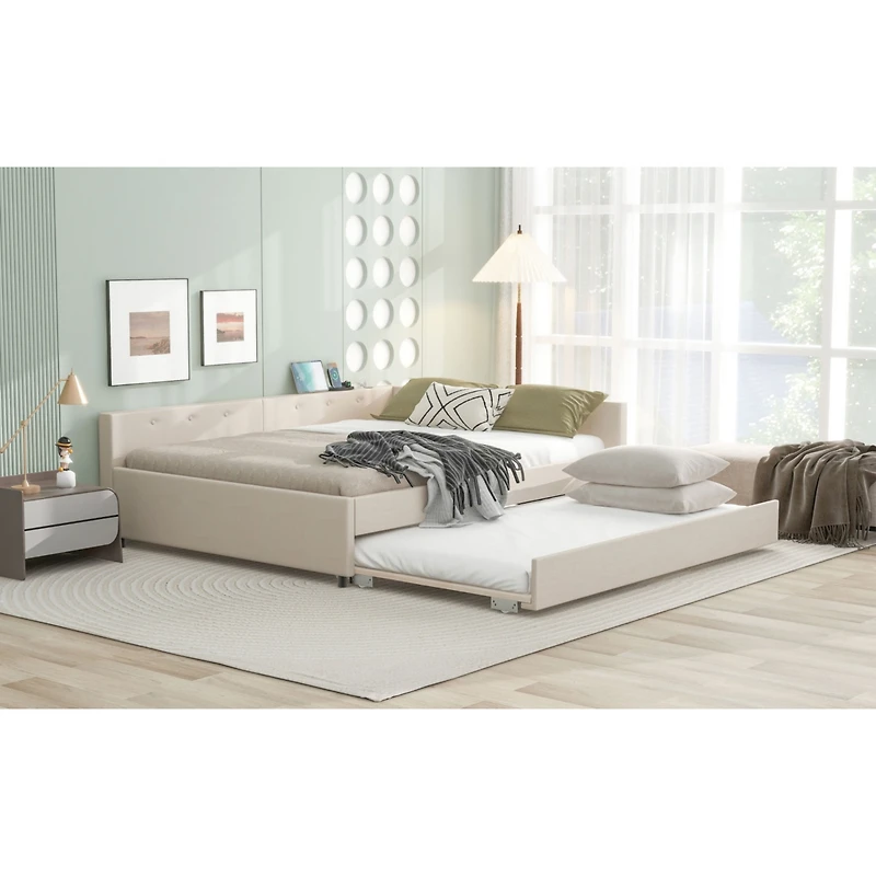 Simplie Fun Queen Size Upholstered Platform Bed With Usb And Twin Size Trundle