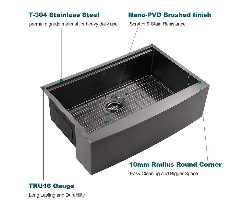 Streamdale Matte Stainless Steel Farmhouse Sink, 33 x 22 in.