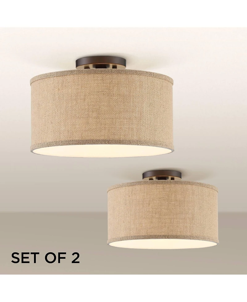 360 Lighting Adams Modern Ceiling Light Semi Flush Mount Fixtures 14" Wide Set of 2 Bronze Burlap Fabric Drum Shade for Bedroom Kitchen Living Ro