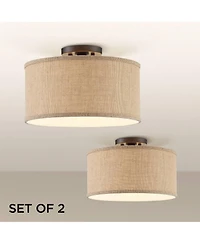 360 Lighting Adams Modern Ceiling Light Semi Flush Mount Fixtures 14" Wide Set of 2 Bronze Burlap Fabric Drum Shade for Bedroom Kitchen Living Ro