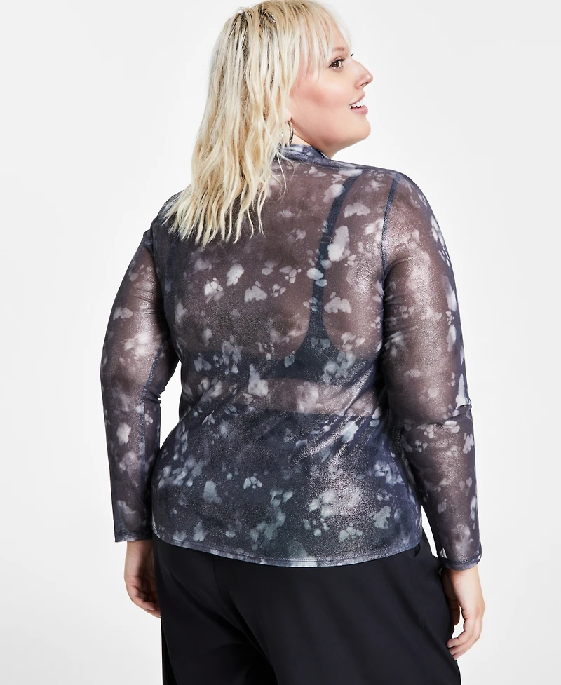 Bar Iii Trendy Plus Size Shine Mesh Mock-Neck Top, Created for Macy's