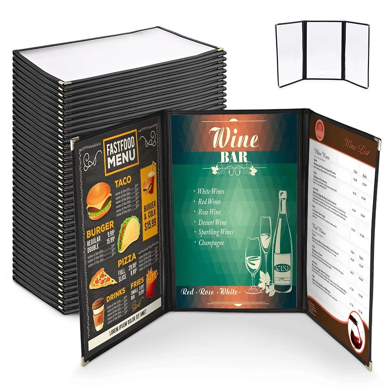 Yescom 30 Menu Cover 8.5X14 6 View Triple Fold Double Stitch Trim Cafe Restaurant Black