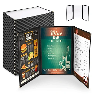 Yescom 30 Menu Cover 8.5X14 6 View Triple Fold Double Stitch Trim Cafe Restaurant Black