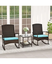 Gymax 3 Pieces Rocking Wicker Bistro Set Outdoor Front Porch Rocker Chairs Conversation Turquoise