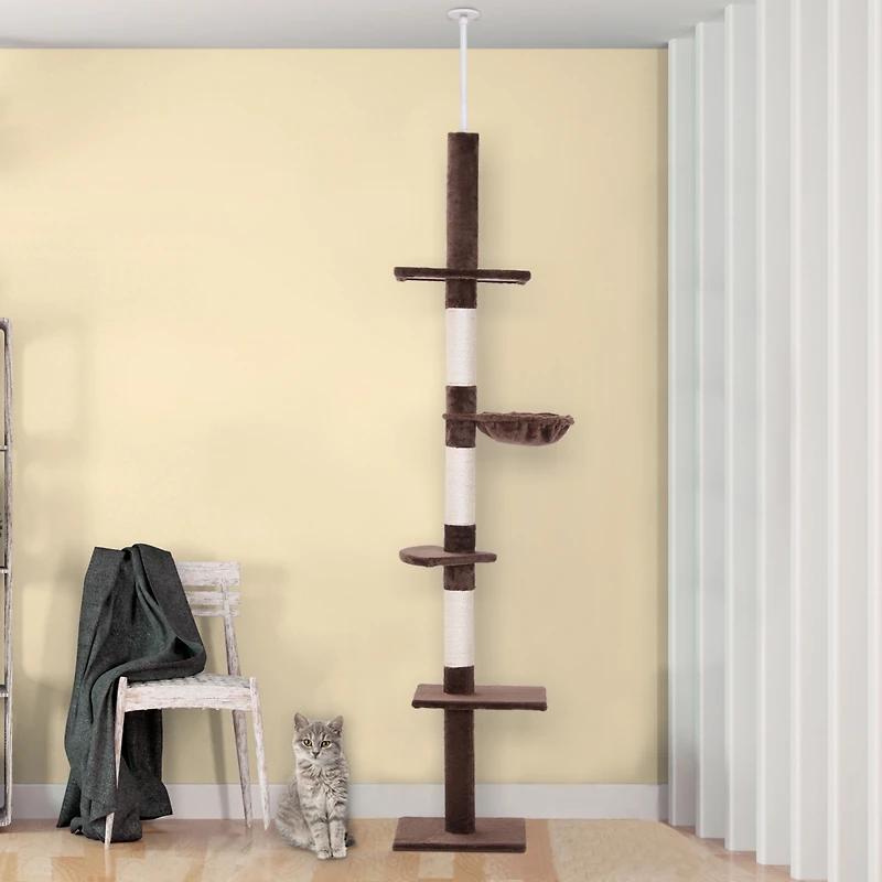 PawHut 8.5' Adjustable Floor-To-Ceiling Cat Tree w/ 5 Carpet Platforms