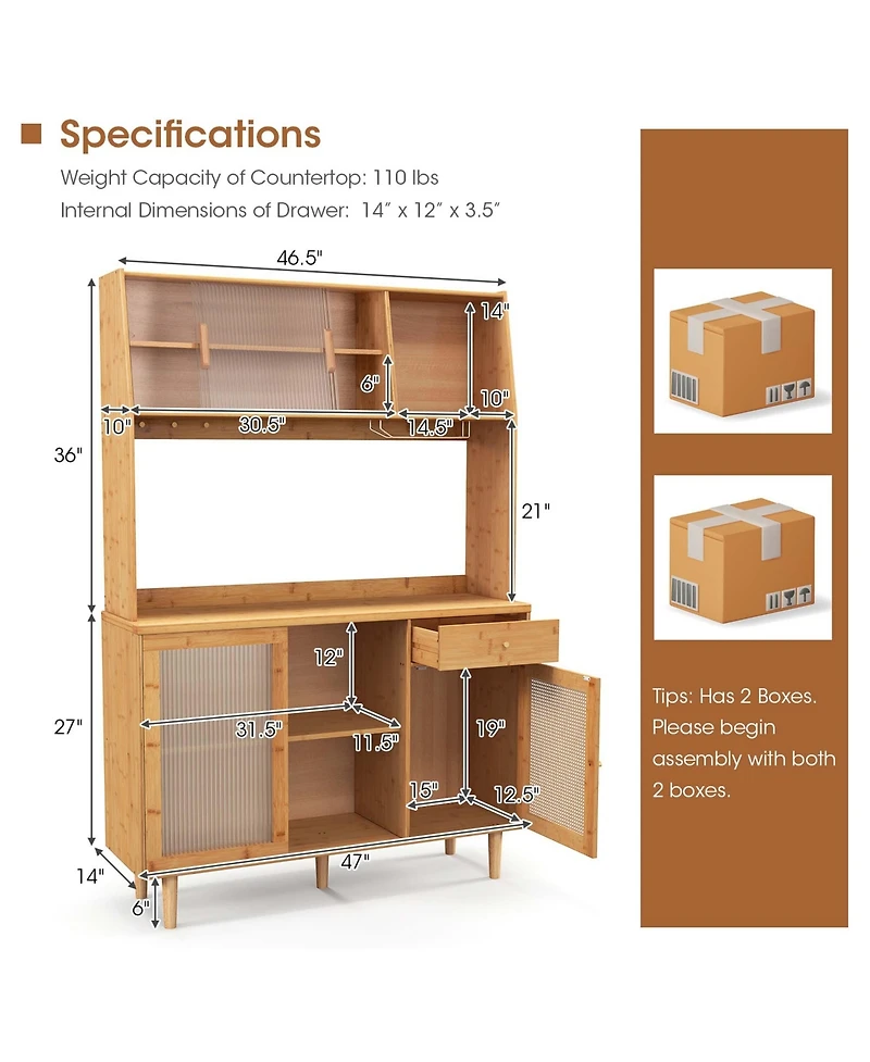 Bamboo Buffet Cabinet Wine Bar Pantry Cupboard Sideboard with Rattan Sliding Door