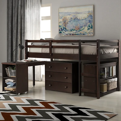 Streamdale Low Study Twin Loft Bed With Cabinet And Rolling Portable Desk