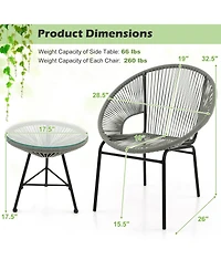 Gymax 3 Pieces Acapulco Chair Set Wicker Conversation Bistro Set w/ Tempered Glass Table