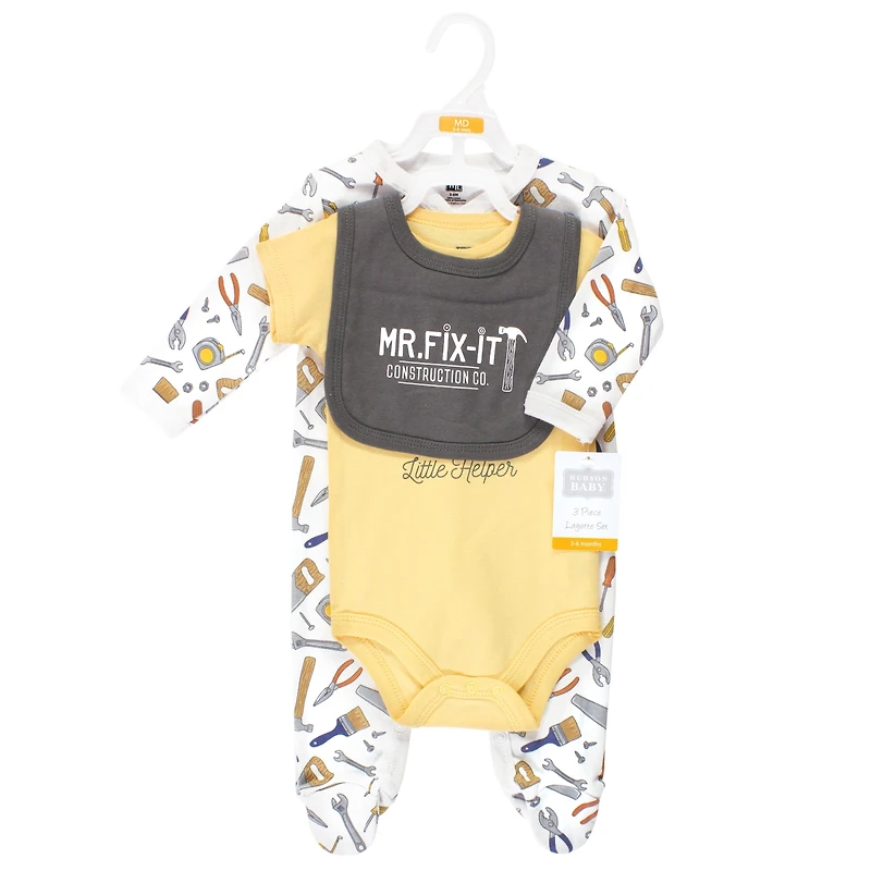 Hudson Baby Boys Cotton Essentials Set Sleep 'n Play Jumpsuit, Bodysuit, and Bandana Bib