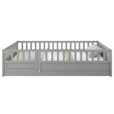 Simplie Fun Full size Floor bed, integral construction with super high security barrier, door, children's floor bed frame, Montessori wooden children'