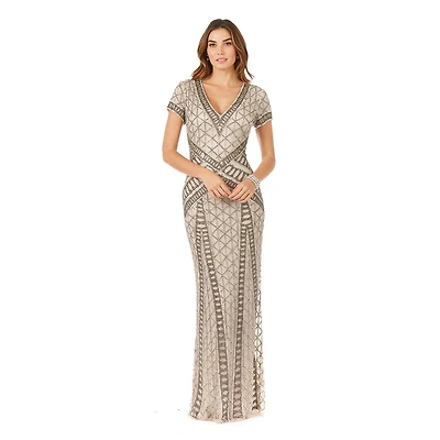 Lara Women's Beaded V-Neckline Dress with Cap Sleeves
