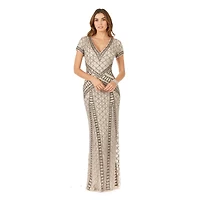Lara Women's Beaded V-Neckline Dress with Cap Sleeves