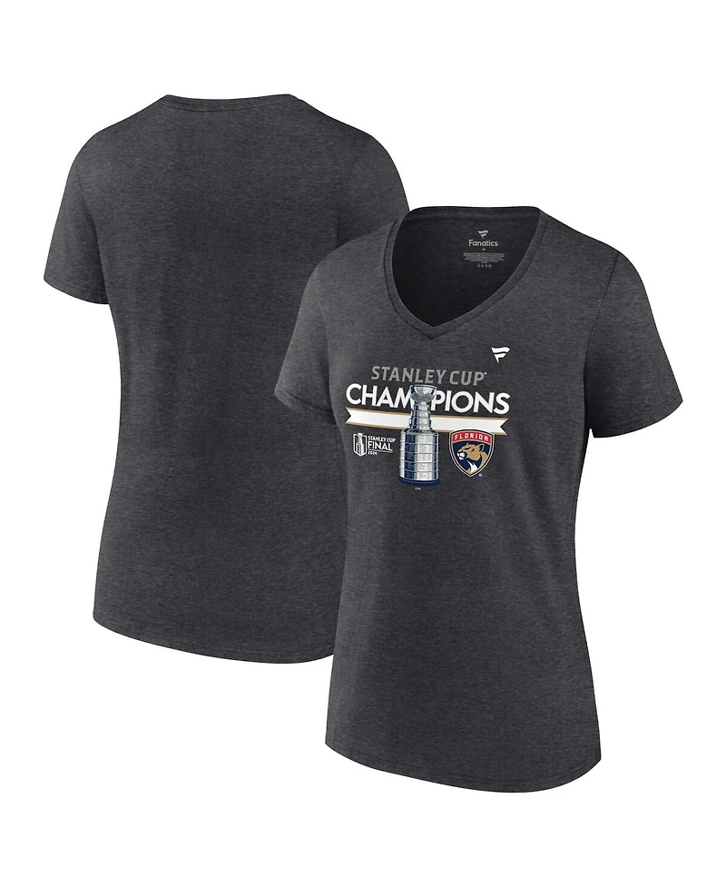 Fanatics Women's Heather Charcoal Florida Panthers 2024 Stanley Cup Champions Locker Room V-Neck T-Shirt