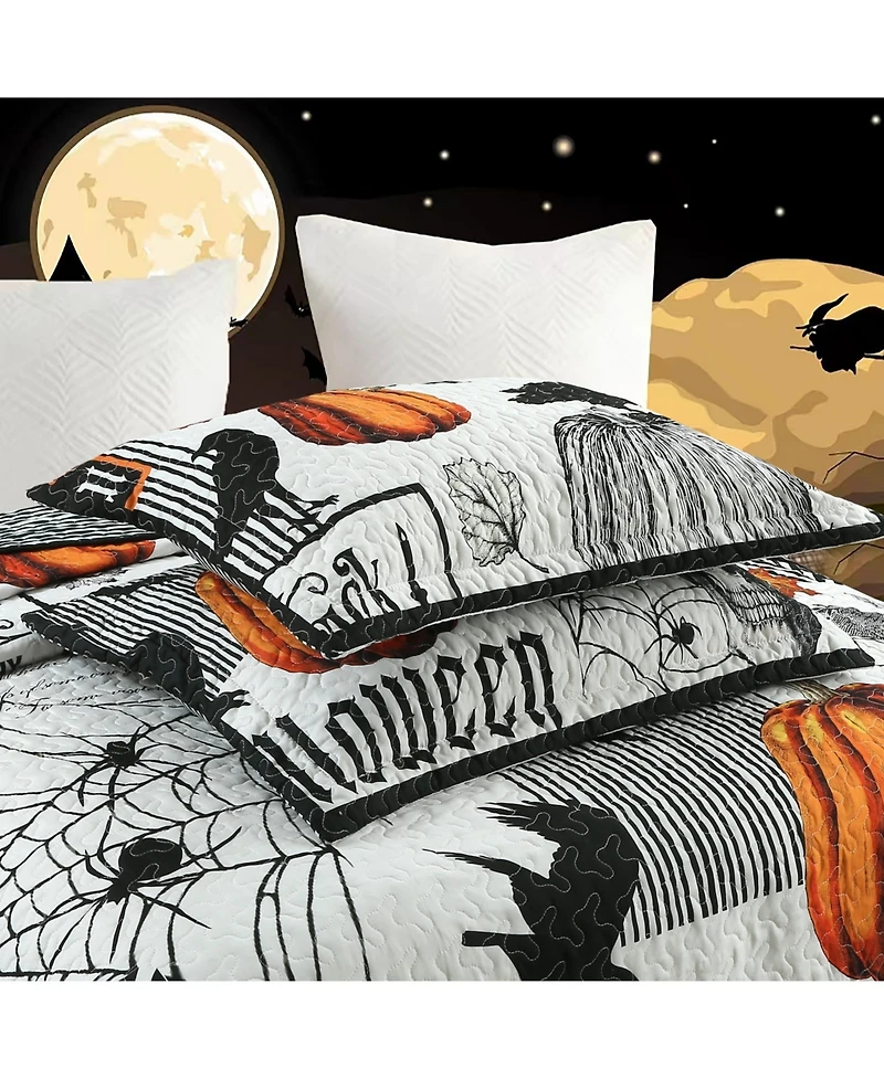 MarCielo 3 Pcs Halloween Themed Quilt Bedspread Set Queen
