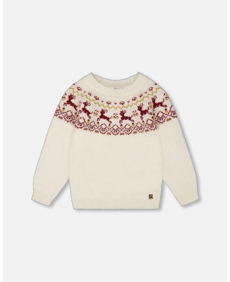Deux par Deux Toddler Girls Sweater With Christmas Intarsia Off White And Red - Toddler|Child
