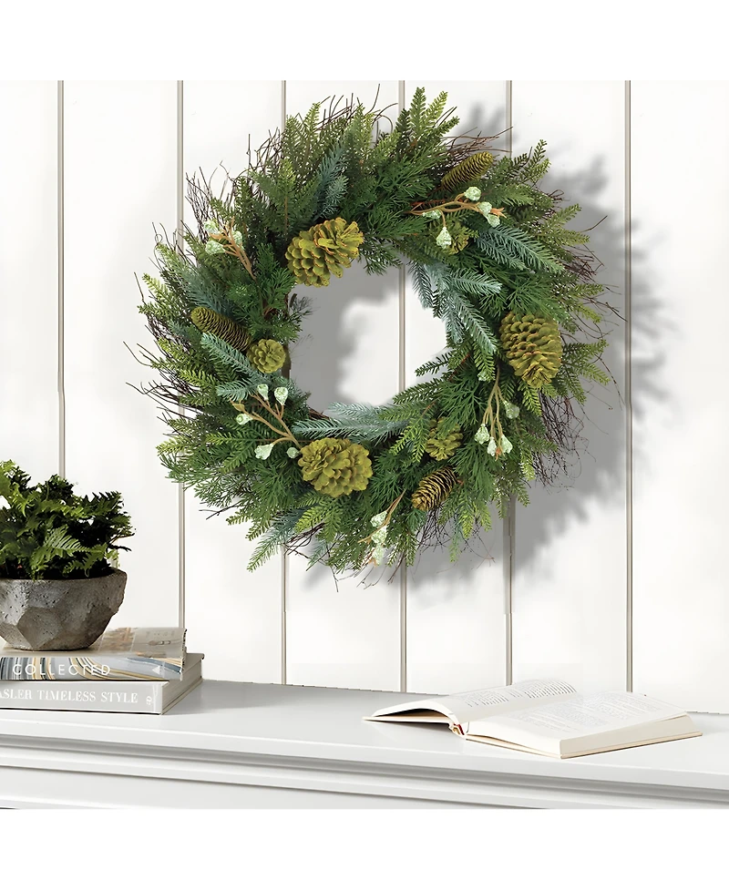 Slickblue Mixed Winter Pine Wreath With Pinecone And Twig Accent 23"d