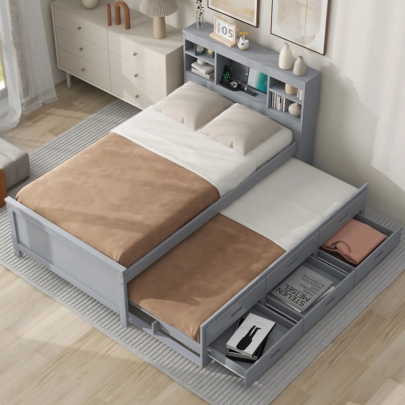 Streamdale Twin Bed with Storage Headboard, Trundle and Drawers