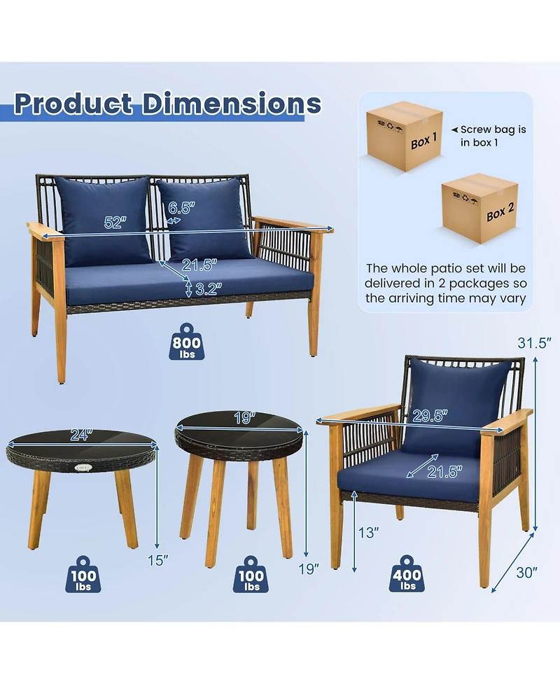 Gymax 5PCS Rattan Woven Conversation Set Stable Acacia Wood Frame for Backyard Patio