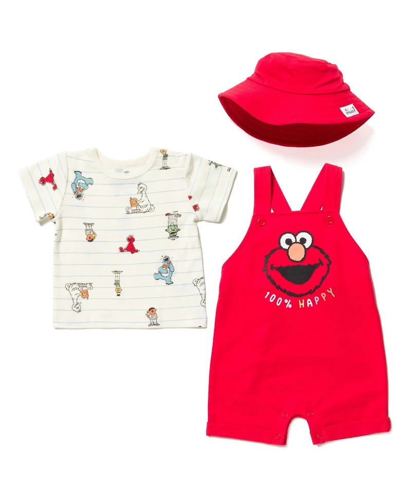 Sesame Street Toddler Boys Elmo French Terry Short Overalls T-Shirt and Hat 3 Piece Outfit Set Newborn to