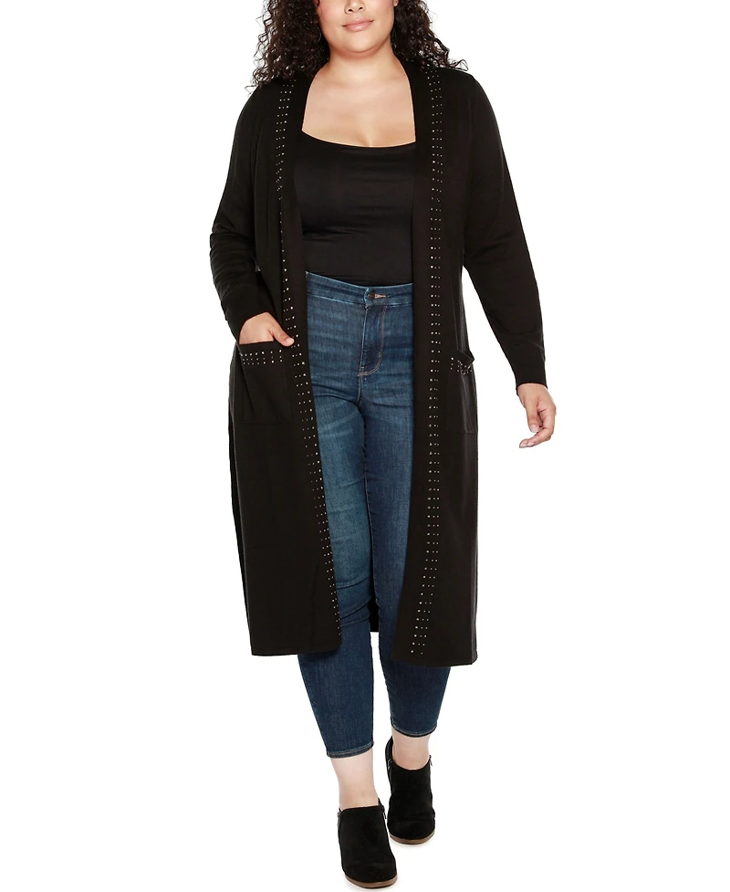 Belldini Black Label Plus Rhinestone-Trim Belted Duster Cardigan Sweater