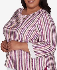Alfred Dunner Plus Size Wine Country Metallic Stripe Top With Necklace