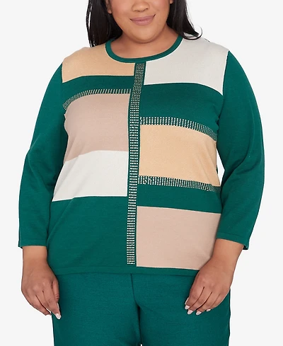 Alfred Dunner Plus Size Emerald Isle Colorblock Gold Trim Sweater