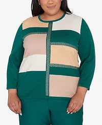 Alfred Dunner Plus Size Emerald Isle Colorblock Gold Trim Sweater